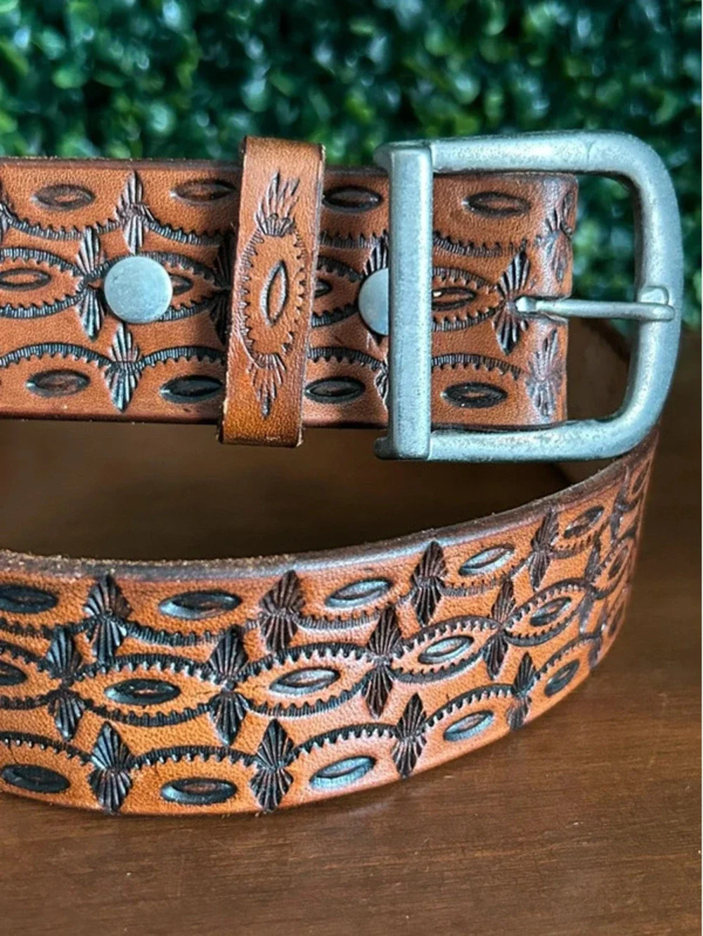 Vintage Genuine Leather Tooled Belt Geometric Western Silver Buckle